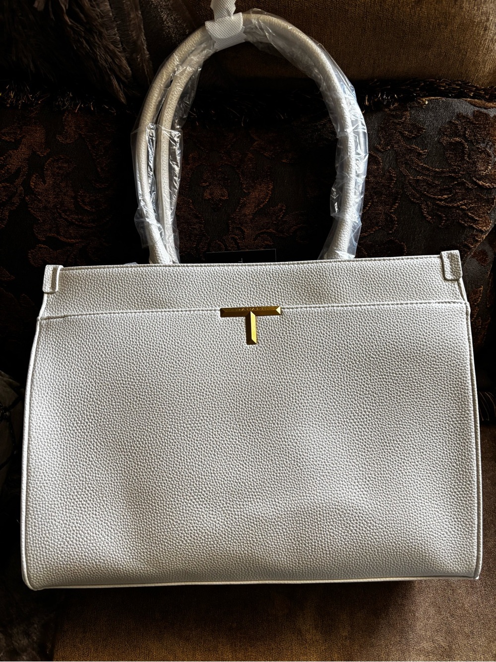Tahari White Pebbled Tote with Gold T Accent New